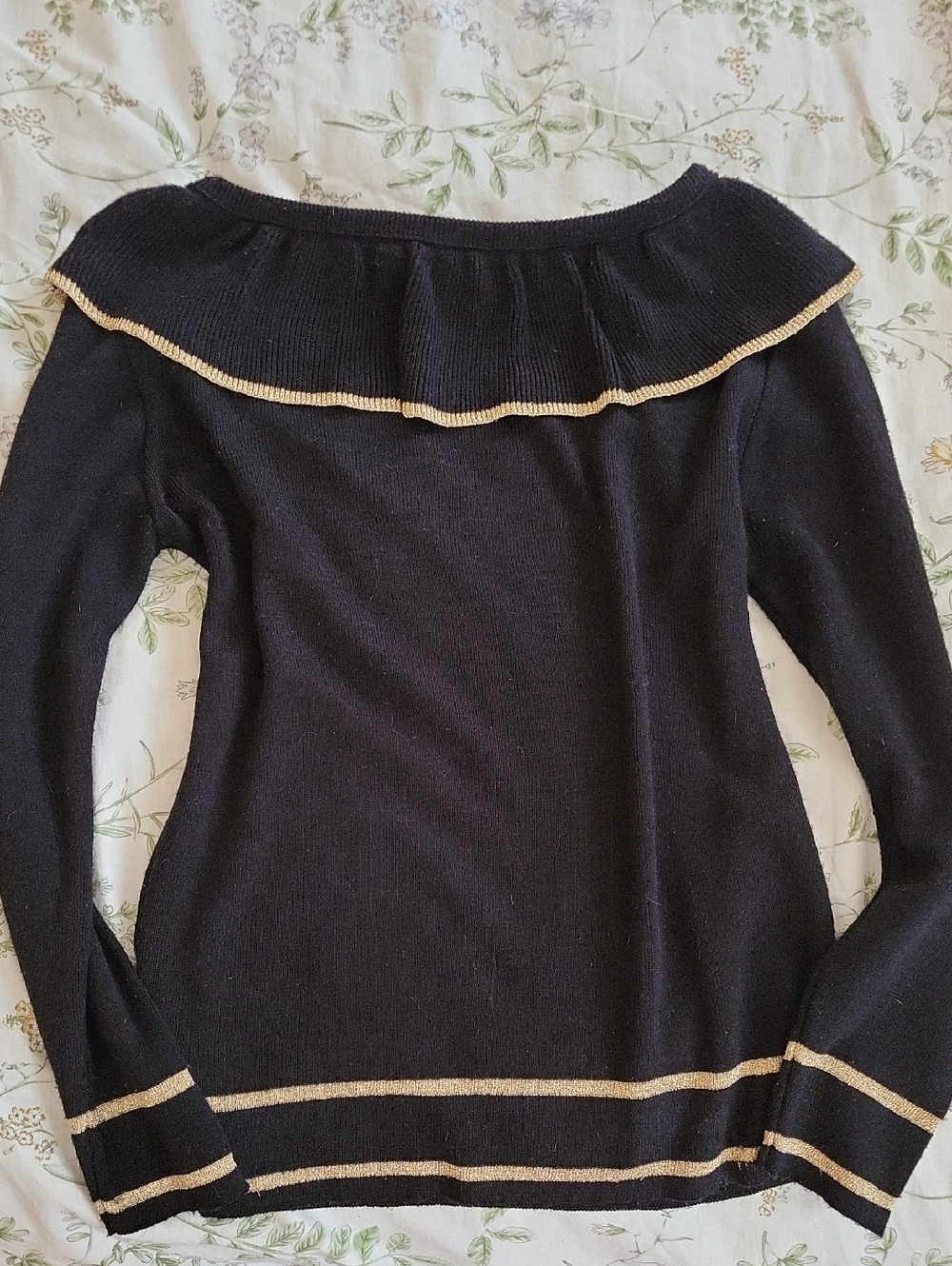 Black Off-Shoulder Sweater with Gold Trim